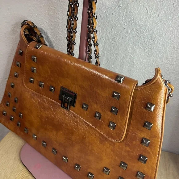 Studded Tan Leather Shoulder Bag - Picture 10 of 12